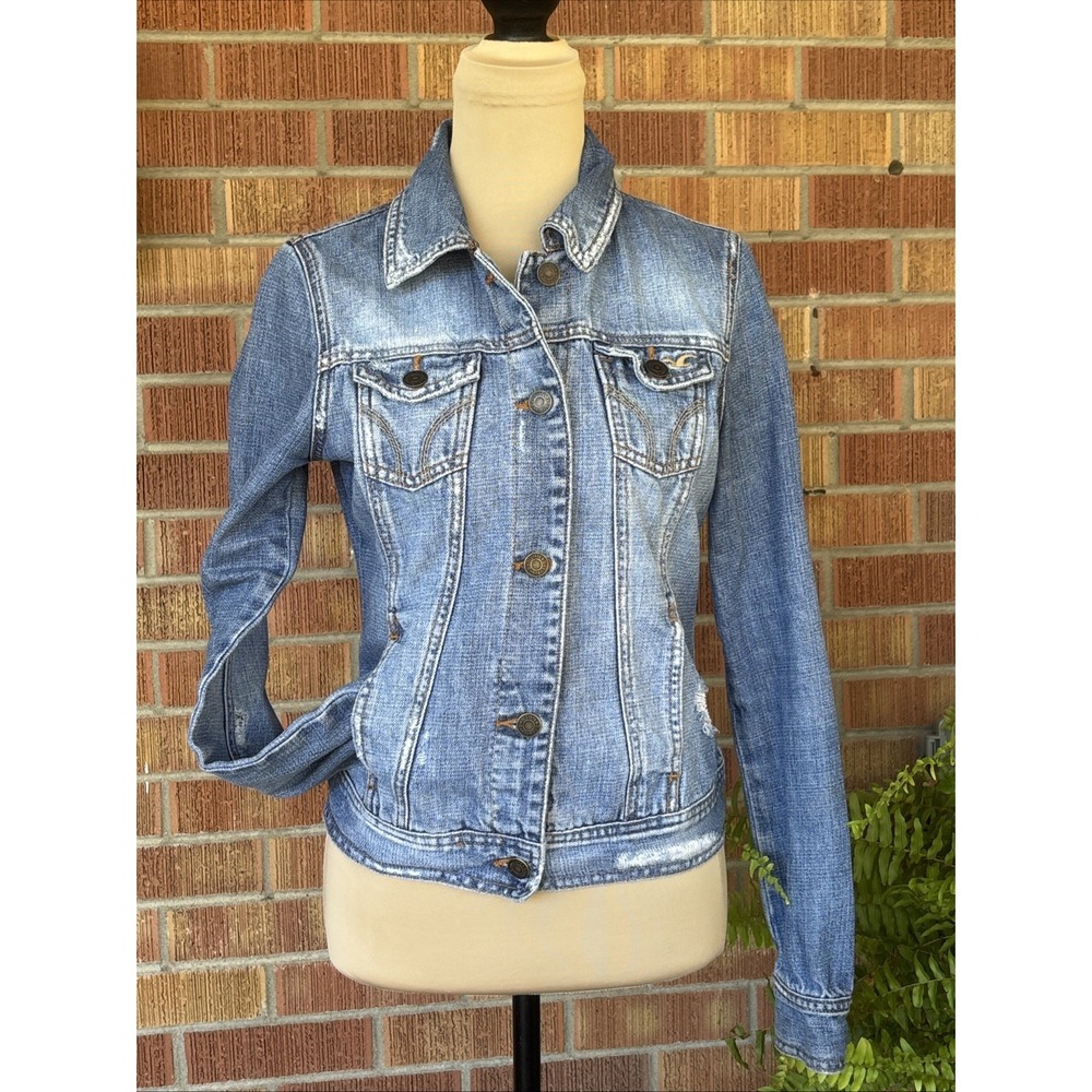 VTG Y2K Hollister Denim Jacket Women's M Light Wash Distressed Trucker Jacket